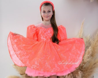 Bright Orange Sparkling Birthday Party Toddler Dress, Flower Girl Dress, Prom Ball Gown Special Occasion Sequin Girl Tutu Tulle Dance Dress