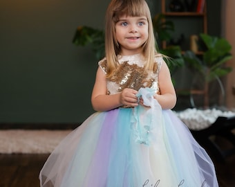 Multicolored Tutu Baby Toddler Unicorn, Birthday Party Dress, First Birthday Outfit, Pageant Rainbow Prom Ball Gown Dress, Puffy Flower Girl