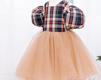 Beige Plaid Christmas Toddler Gown, Christmas Dress For Girl, Short Puff Sleeve, Christmas Photoshoot  Costume, Kids Xmas Dress