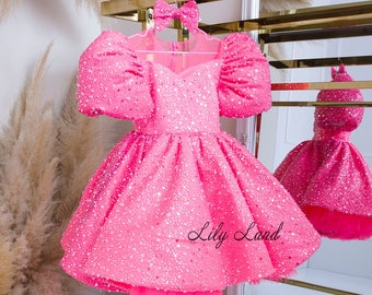 Hot Pink Sparkling Birthday Party Girl Toddler Dress, Flower Girl Dress, Prom Ball Gown Special Occasion Sequin Girl Tutu Tulle Dance Dress