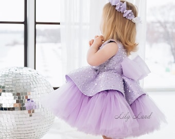 PRONTO PER LA SPEDIZIONE, Abito da festa per il primo compleanno color lavanda, Abito da bambina Tutu, Abito da ragazza di fiori scintillanti, Abito da ballo Occasioni speciali