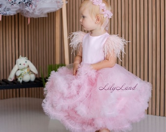 Pink Flower Girl Dress, Feathers Sleeve, Special Occasion, Photoshoot Dress, Puffy Pageant Dress, Prom Gown, Mini Junior Bridesmaid