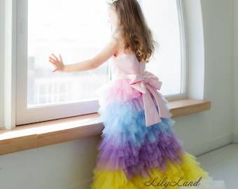Formal Dress Rainbow Flower Girl Dress Multicolored Ombre Flower Girl  Dress, Prom Ball Pageant Gown, Maxi