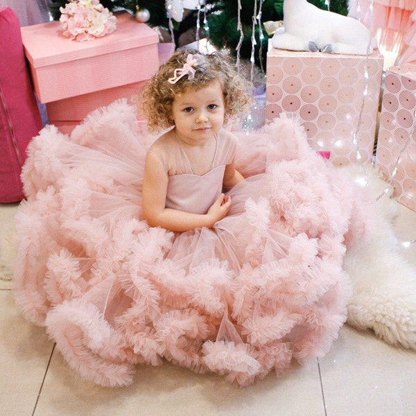 Rose powder stunning pageant ball gown, fluffy girls dress sizes 2-12 years, wedding flower girl dress, first birthday party, Easter dress