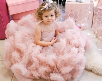 Rose powder stunning pageant ball gown, fluffy girls dress sizes 2-12 years, wedding flower girl dress, first birthday party, Easter dress