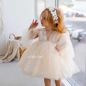 Cream Tutu Flower Girl Dress, Birthday Party Dress, Baby Tulle Photoshoot Outfit,Prom Pageant Gown, Special Occasion Ballerina Toddler Dress