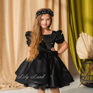 Black Birthday Party Dress, Flower Girl Dress, First Birthday Dress, Puffy Sleeve, Pearls Satin Dress, Special Occasion Toddler Dress