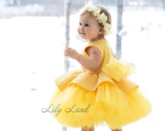 Sparkling First Birthday Dress, Yellow Flower Girl Dress, Sequined Prom Gown, Special Occasion Toddler Dress, Smash Cake Photoshoot