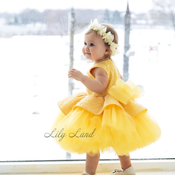 Sparkling First Birthday Dress, Yellow Flower Girl Dress, Sequined Prom Gown, Special Occasion Toddler Dress, Smash Cake Photoshoot