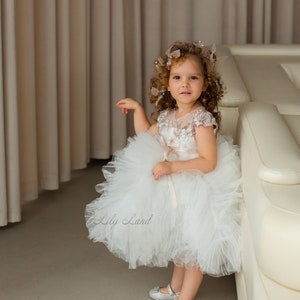 Abito da damigella bianco, abito da compleanno in tutù, abito da ballo gonfio, abito da neonata in pizzo floreale, abito da cerimonia per bambine e bambini