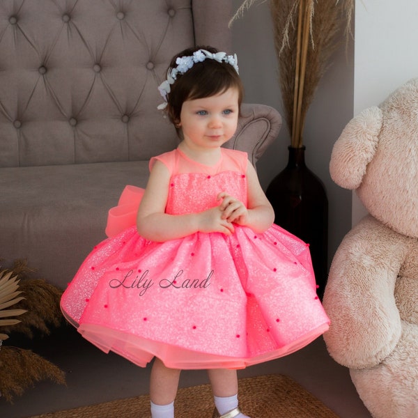 Hot Pink Glitter Birthday Party Girl Dress, Prom Gown, Pearls Flower Girl Dress, Knee Tutu Toddler Dress, Smash Cake Photo, Doll Baby Dress