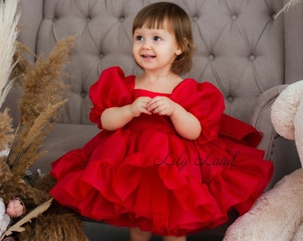 Red 1st Birthday Dress, Tutu Prom Gown, Puffy Flower Girl Dress, Party Toddler Dress, Special Occasion Baby Dress, Xmas Dress, Dance Outfit