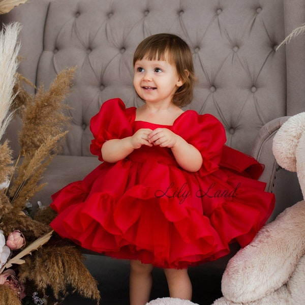 Red 1st Birthday Dress, Tutu Prom Gown, Puffy Flower Girl Dress, Party Toddler Dress, Special Occasion Baby Dress, Xmas Dress, Dance Outfit