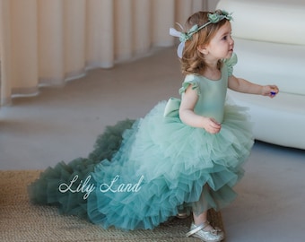 Sage Green Ombre Birthday Baby Dress with Train, Flower Girl Dress, Prom Ball Gown, Wedding Guest Junior Bridesmaid Toddler Princess Dress