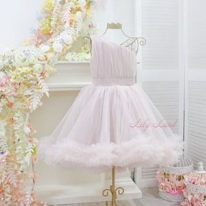 One shoulder baby dress, birthday baby girl dress, puffy ruffled tutu baby dress, wedding flower girl dress, first birthday princess dress
