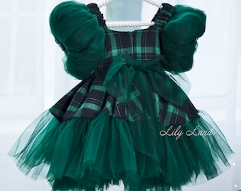 Plaid Christmas Baby Girl Gown, Photoshoot Christmas Dress, Flannel Girl Dress, Short Puff Sleeve, Tutu Toddler Xmas Outfit