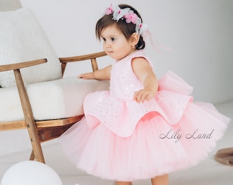 Pink First Birthday Dress, Tutu Baby Girl Dress, Sparkling Flower Girl Dress, Prom Gown, Special Occasion Toddler Dress, Smash Cake Photo