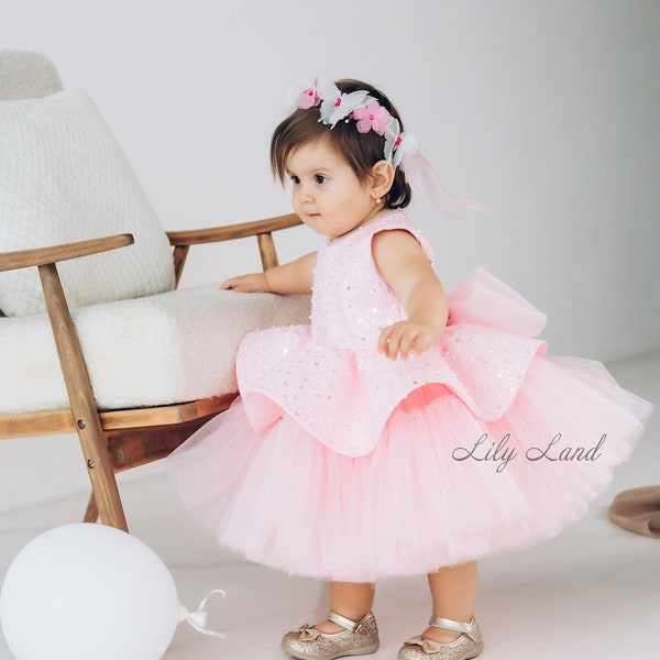 Roze eerste verjaardag jurk, Tutu babymeisje jurk, sprankelende bloemenmeisje jurk, prom toga, speciale gelegenheid peuter jurk, Smash Cake foto