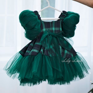 Plaid Christmas Baby Girl Gown, Photoshoot Christmas Dress, Flannel Girl Dress, Short Puff Sleeve, Tutu Toddler Xmas Outfit