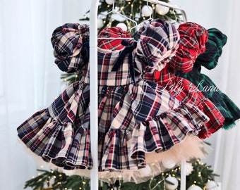 Plaid Christmas Baby Girl Dress, Blue Flannel Dress, Short Puff Sleeve, Tutu Ruffle Toddler Dress, Kids Dress For Christmas Photoshoot