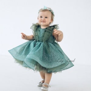 Emerald Green First Birthday Dress, Smash Cake Photoshoot, Tutu Toddler Dress, Sparkling Prom Gown, Xmas Baby Dress, Infant Pageant Dress