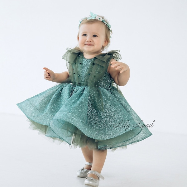 Emerald Green First Birthday Dress, Smash Cake Photoshoot, Tutu Toddler Dress, Sparkling Prom Gown, Xmas Baby Dress, Infant Pageant Dress