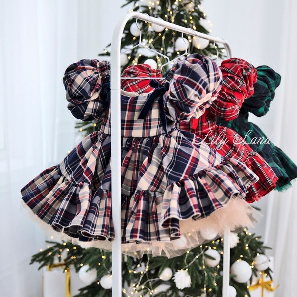 Plaid Christmas Baby Girl Dress, Blue Flannel Dress, Short Puff Sleeve, Tutu Ruffle Toddler Dress, Kids Dress For Christmas Photoshoot