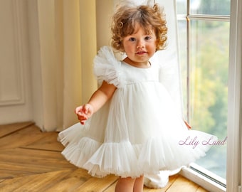 READY TO SHIP, Ivory First Birthday Dress, Tutu Tulle Baby Dress, Baptism Baby Dress, Birthday Girl Dress, Infant Dress, Toddler Dress