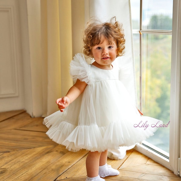 READY TO SHIP, Ivory First Birthday Dress, Tutu Tulle Baby Dress, Baptism Baby Dress, Birthday Girl Dress, Infant Dress, Toddler Dress