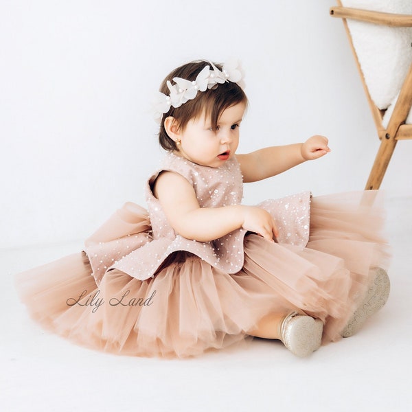1st Birthday Dress, Tutu Toddler Dress, Cappuccino Flower Girl Dress, Sequined Prom Gown, Special Occasion Baby Girl Dress
