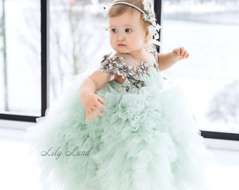 Sage Green First Birthday Dress, Tutu Flower Girl Dress, Puffy Ruffled Prom Ball Gown, Floral Lace Baby Dress, Special Occasion Infant Dress