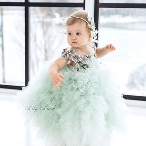 Salie groene eerste verjaardag jurk, Tutu bloemenmeisje jurk, gezwollen gegolfde Prom baljurk, Floral Lace babyjurk, speciale gelegenheid babyjurk