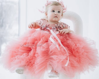 Coral Birthday Party Dress, Toddler Dress, Tutu Flower Girl Dress, Floral Lace, Puffy 1st Birthday Dress, Special Occasion Prom Ball Gown