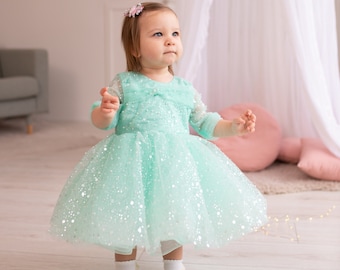 Sparkling Birthday Party Dress, Mint Flower Girl Dress, Sequin Party Toddler Dress, First Birthday, Prom Gown, Special Occasion Baby Dress