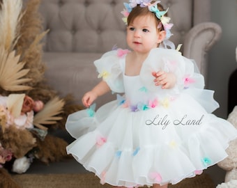 Ready To Ship, Butterfly Birthday Party Dresses, Pageant First Birthday Dress, Multicolored Butterfly Puffy Toddler Dress, Special Occasion