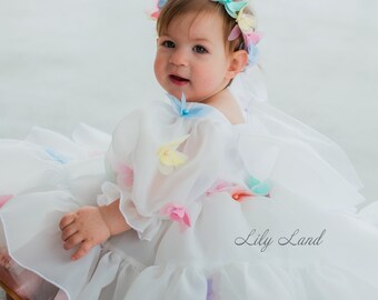Ready To Ship, Butterfly Pageant Party First Birthday Dress, Multicolored Butterfly White Flower Girl Puffy Toddler Dress, Special Occasion