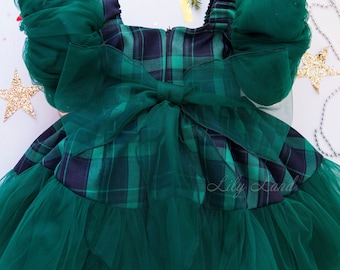 Christmas Baby Girl Dress, Green Plaid Christmas Dress, Flannel Dress, Short Puff Sleeve, Gown For Christmas Photoshoot, Tutu Dress