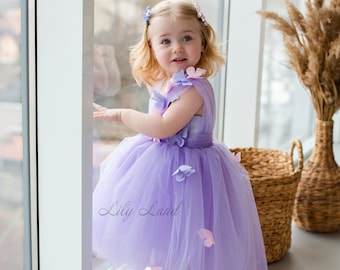 Lavender Butterfly First Birthday Dress, Flower Girl Dress, Prom Gown With Butterfly, Special Occasion Baby Dress, Pageant Toddler Dress