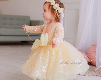 Sparkling Yellow Christmas baby dress, Birthday Baby Photoshoot, Sequined Flower Girl Dress, Long Sleeve, Pageant Toddler Formal Event Dress
