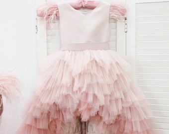 Baby girl birthday dress with ostrich feathers, flower girl dress, first birthday dress, puffy ruffled baby dress, prom dress, ball dress