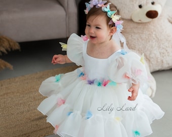 Butterfly First Birthday Baby Dress, White Flower Girl, First Communion, Multicolored Butterfly, Puffy Toddler Dress, Special Occasion