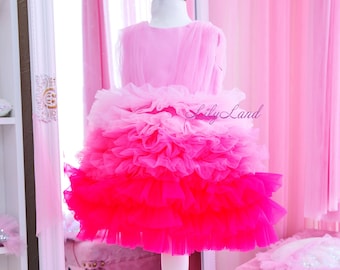 Pink Ombre Dress For Girl, Birthday Party Dress, Flower Girl Dress, Tutu Multilayered Tulle Dress, First Birthday Dress, Holiday Baby Dress