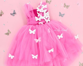 Bright pink girls birthday dress, butterfly style first birthday baby dress, flower girl dress with butterflies, baby butterfly dress