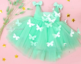 Mint Baby Birthday Dress, Butterfly Style Baby Girl Birthday Dress 