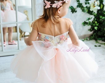 READY TO SHIP, Coral Floral Birthday Girl Dress, Tutu Tulle Baby Dress, First Birthday Dress, Flower Girl Dress, Toddler Dress