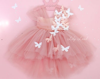 Baby girl birthday dress, butterfly style baby girl birthday dress, flower girl dress with butterflies, first birthday dress, baby butterfly