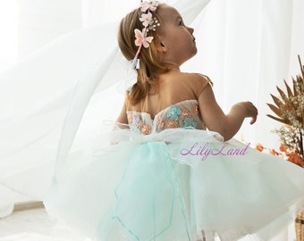 READY TO SHIP, Floral Birthday Girl Dress, Mint Tulle Baby Dress, First Birthday Dress, Flower Girl Dress, Baptism Gown, Toddler Dress