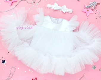 White Infant Flower girl dress, First Birthday Party Dress, Short Puffy Baby Girl Dress, Pageant Tutu Dress, Christmas Photoshoot Dress