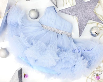 Eine Schulter blau und Silber Babykleid, Geburtstagskindkleid, Tutu Mädchenkleid, Blumenmädchenkleid, Weihnachten Babykleid, Prinzessinnenkleid