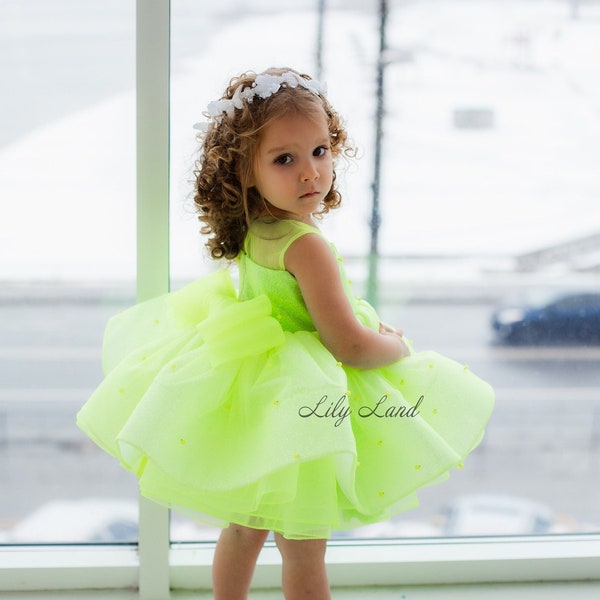 Hot Lime Birthday Party Girl Dress, Flower Girl Dress, Easter Knee Tutu Prom Gown, Smash Cake Photoshoot, Pearls Pageant Toddler Dress